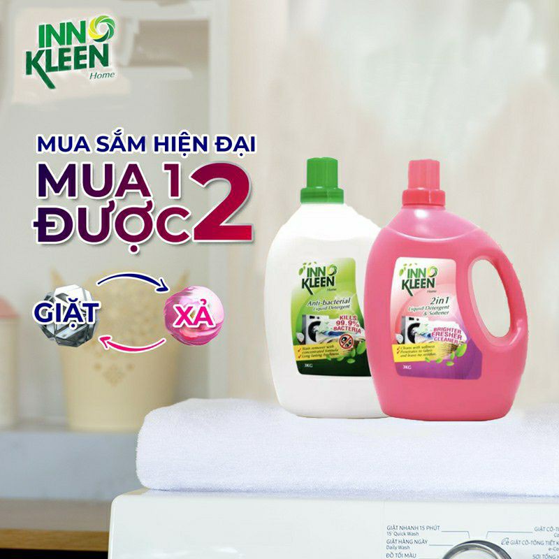 Nước giặt xả 2 trong 1 trắng sáng, giữ bền mầu và sạch khuẩn INNOKLEEN 3kg - Hồng