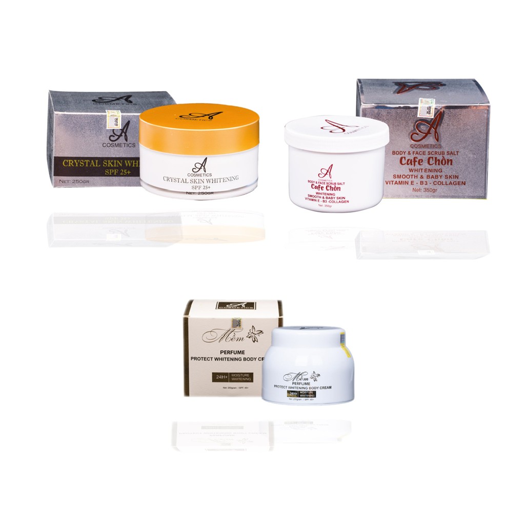 Combo Kem Body Mềm , Ủ Trắng Pha Lê Tinh Thể Nước & Muối Tẩy Tế Bào Chết Cafe Chồn Acosmetics