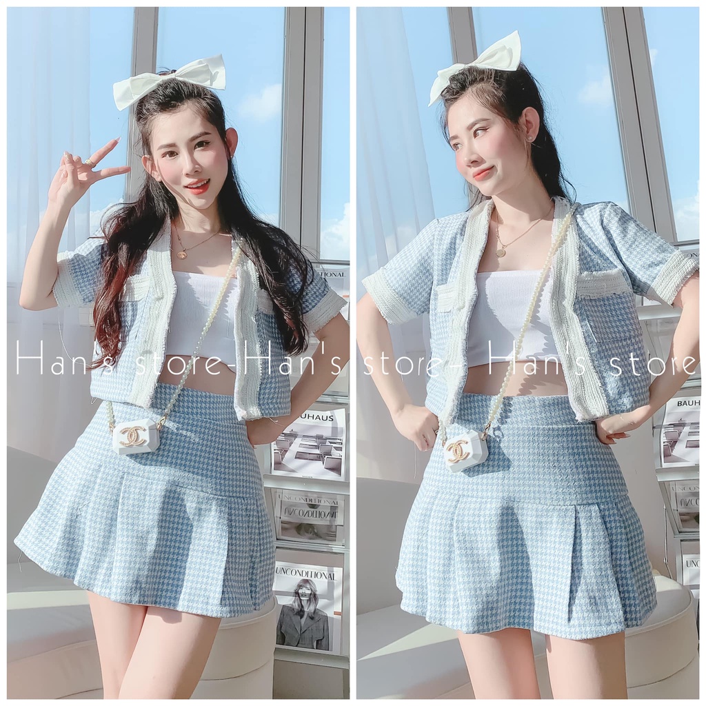 (XẢ KHO) BỘ CHẤT TWEED CARO VIỀN TRẮNG - MÀU HỒNG / XANH / ĐEN / ĐỎ (ẢNH THẬT)