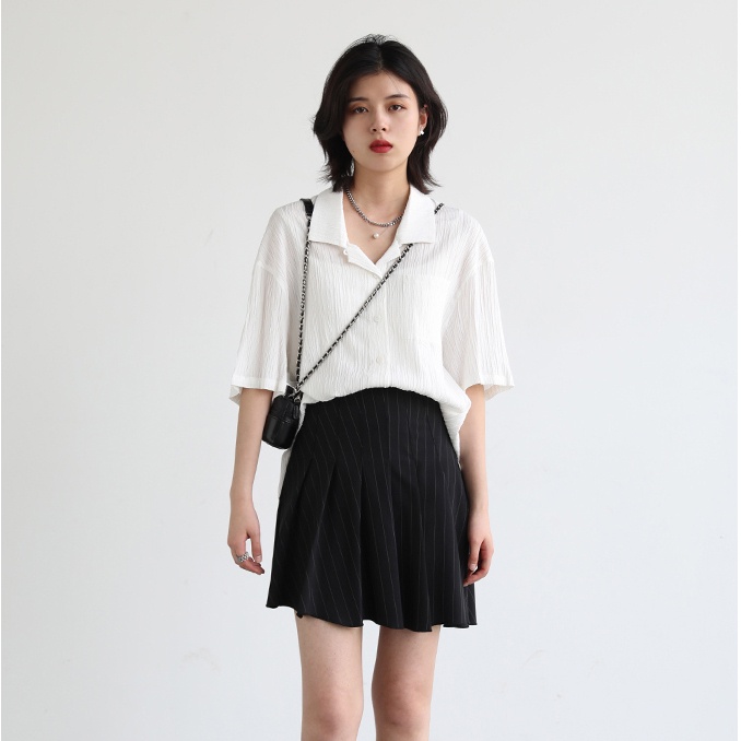 SUXI Áo Sơ Mi Ngắn Tay Dáng Rộng Màu Sắc Đơn Giản Dành Cho Nữ