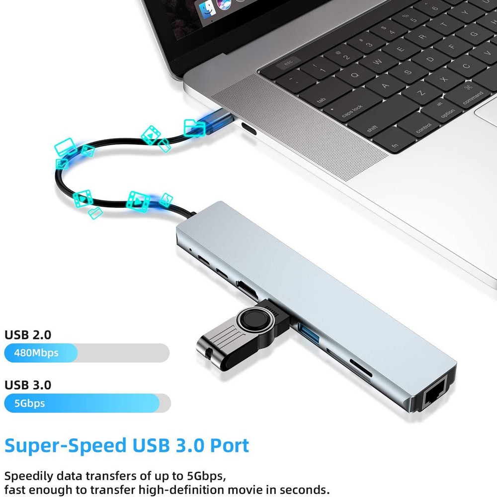 Đầu đọc thẻ nhớ USB C 3.1 sang 4K HDMI RJ45 USB SD/TF tốc độ nhanh 8 trong 1 cho MacBook Air Pro