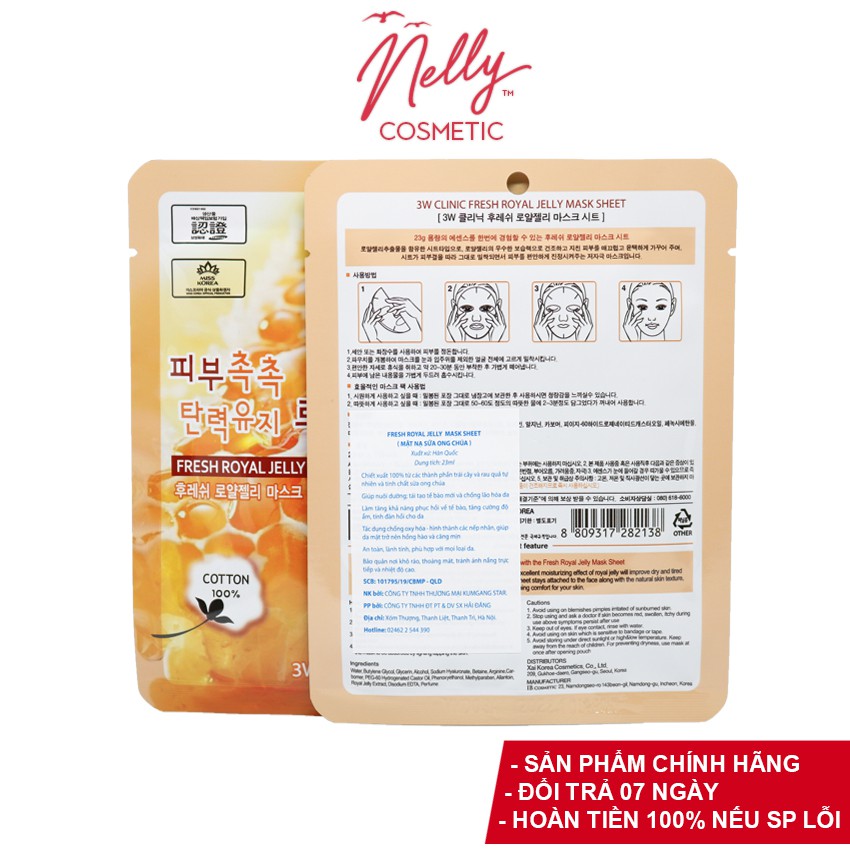 (❤️HOT SALES❤️) COMBO 10 Mặt nạ dưỡng da chiết xuất từ sữa ong chúa 3W CLINIC FRESH ROYAL JELLY MASK SHEET 23ml