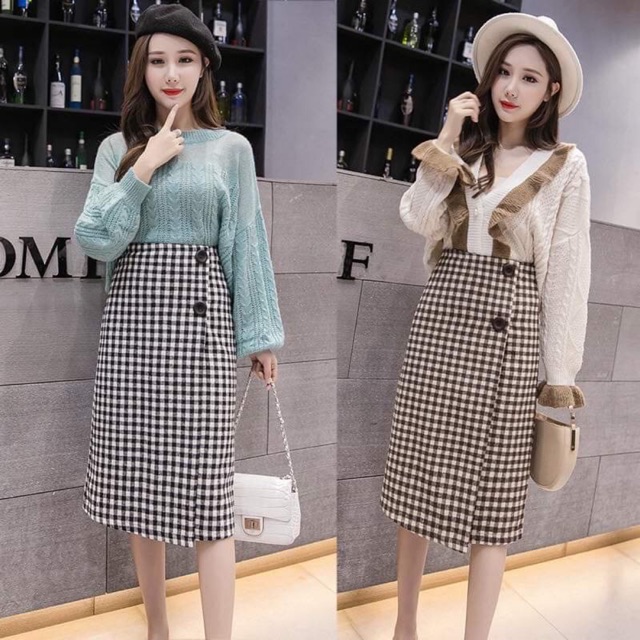 Chân váy dạ 2 khuy phong cách Hàn Quốc