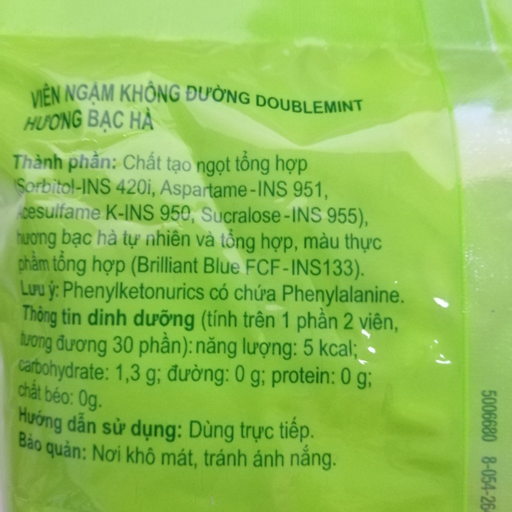 Viên ngậm không đường Doublemint Hương Bạc Hà