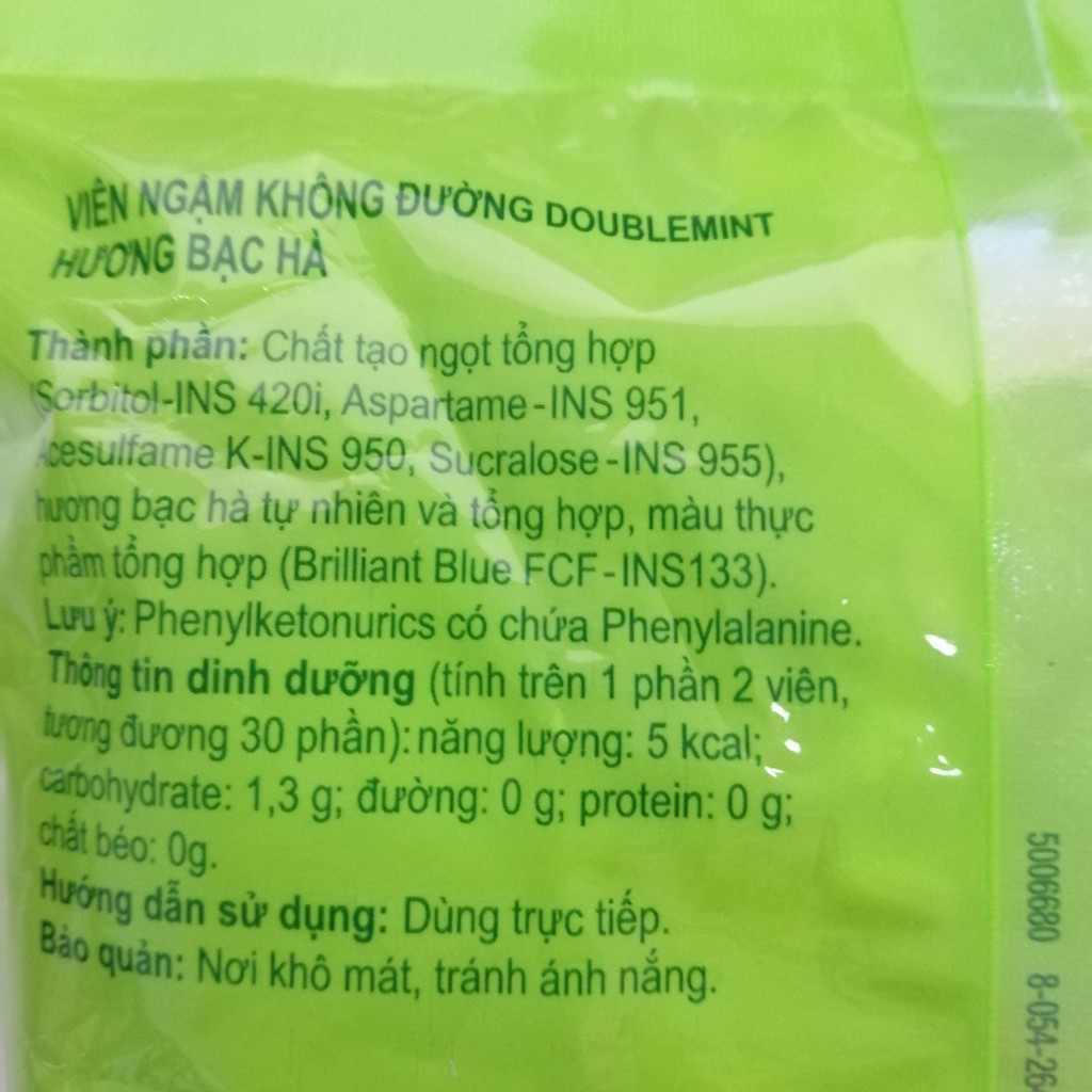 Viên ngậm không đường Doublemint Hương Bạc Hà (Gói 30 viên)