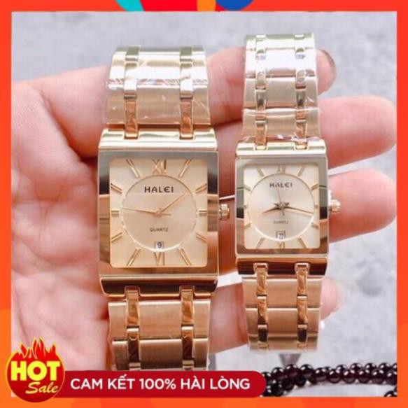 Đồng hồ nam nữ HALEI máy Nhật cặp đôi dây thép dây vàng mặt vuông vàng chống ghỉ chống bay màu chống xước, chống nước
