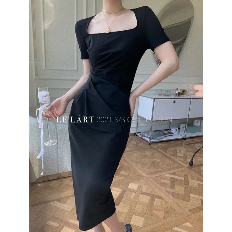 Đầm Đen Tay Ngắn Cổ Vuông Xếp Ly Thời Trang Mùa Hè 2022 Cá Tính