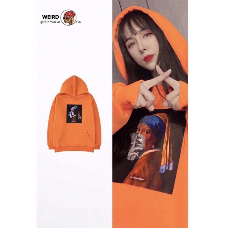 Áo sweater cô gái cầm điếu thuốc unisex nam nữ, form rộng nỉ bông lót lông streetstyle phong cách màu cam, áo nỉ dày đẹp