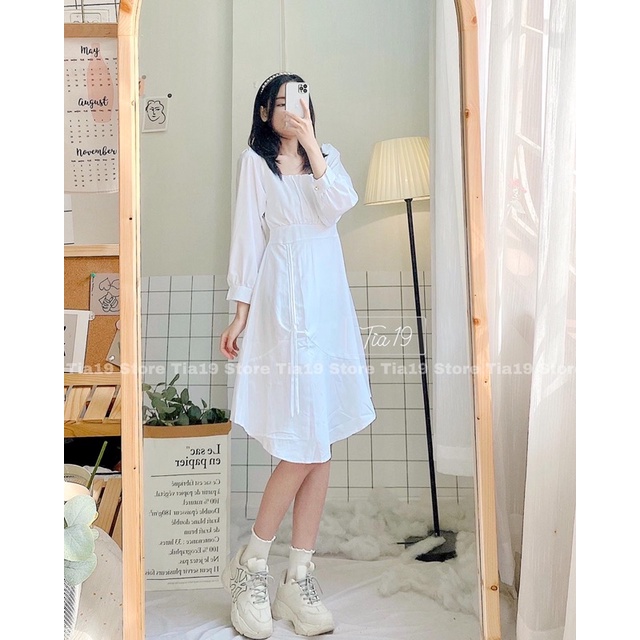Váy cổ vuông xếp ly rút dây dài tay Tia19 . Đầm dài đỏ Tết dáng xoè ulzzang
