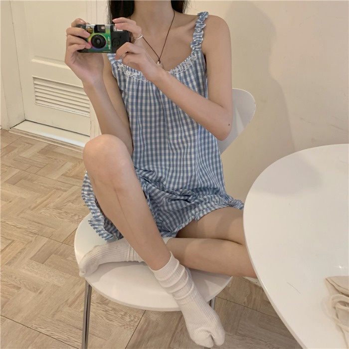 Bộ ngủ kate 2 dây mặc nhà 3 màu caro siêu cute manzakia | BigBuy360 - bigbuy360.vn