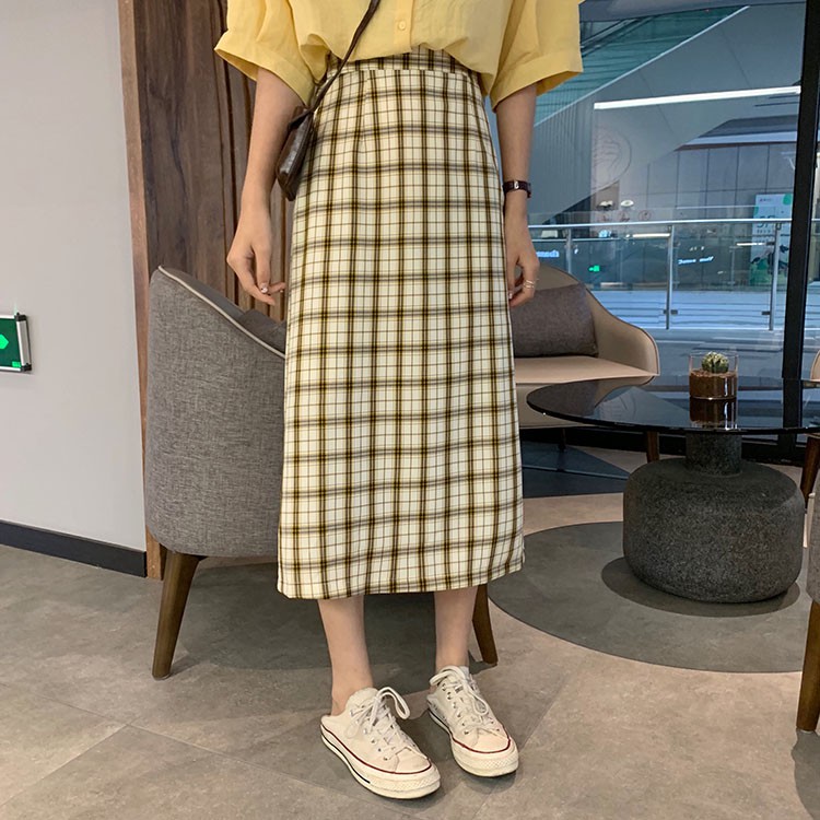 SUXI Chân Váy Chữ A Lưng Cao Họa Tiết Kẻ Sọc Phong Cách Hàn Quốc