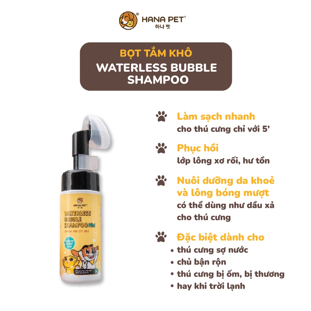 Bọt tắm khô dưỡng lông cho thú cưng Waterless Bubble Shampoo 130ml - Hana Pet Việt Nam