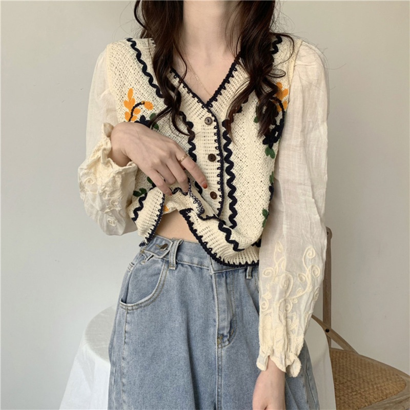 Áo Khoác Cardigan Chiffon Tay Dài Kẻ Sọc Thêu Hoa Xinh Xắn Cho Nữ