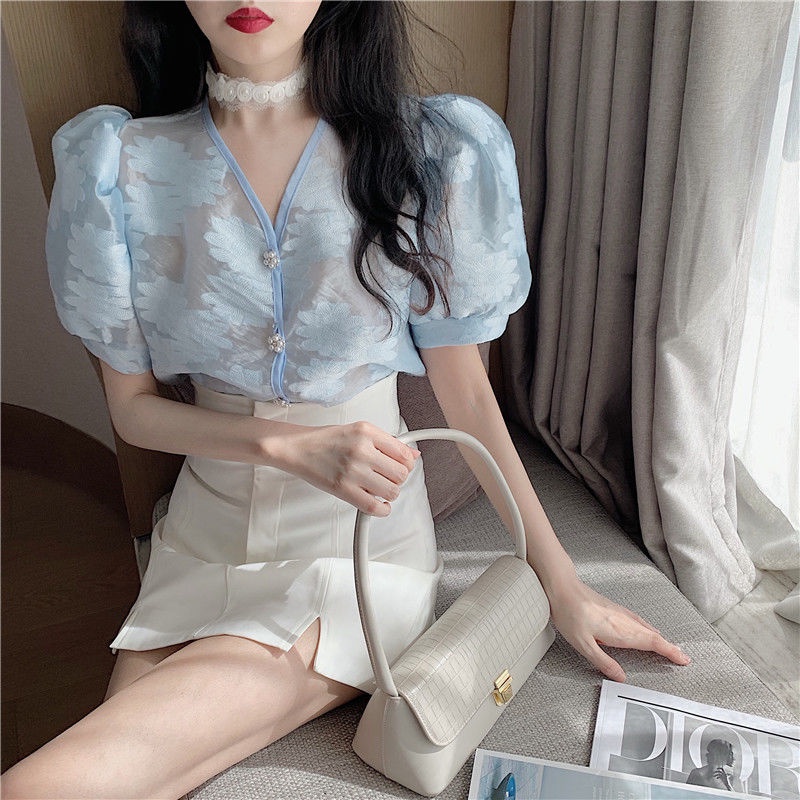 Áo Sơ Mi Voan Đính Nút Ngọc Trai Thời Trang Mùa Hè Dành Cho Nữ