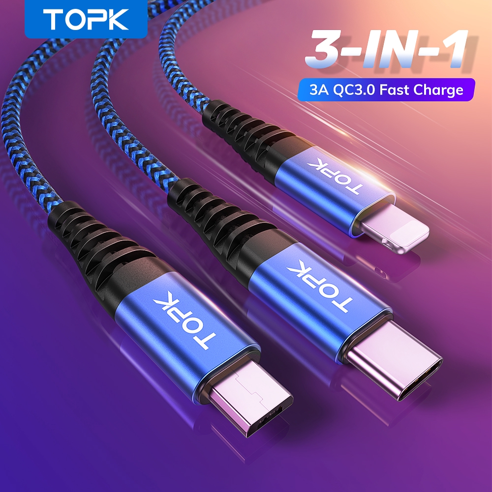 Dây cáp sạc nhanh TOPK AN24 3 trong 1 Micro USB Type C cho