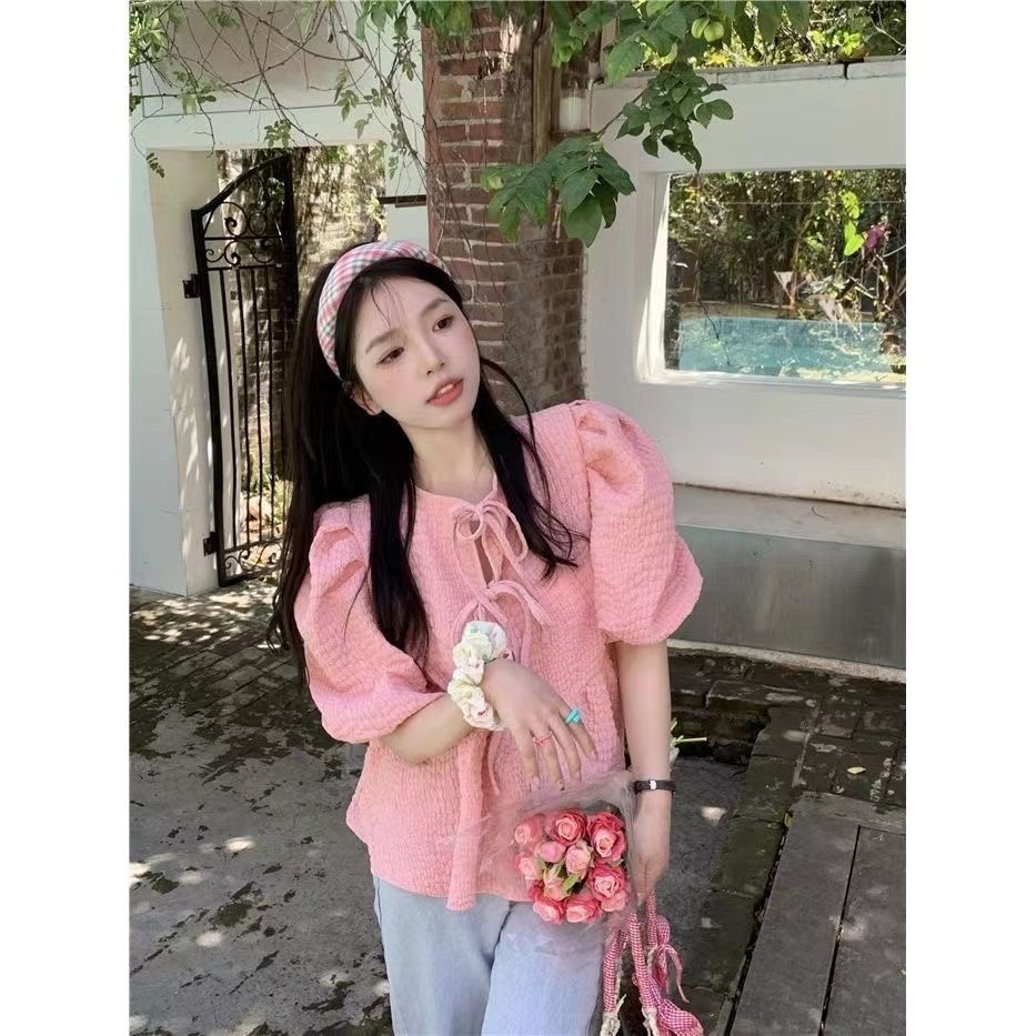 Áo Sơ Mi chiffon Tay Phồng Phối Ren Hai Mặt Trước Sau Thiết Kế Ngọt Ngào Thời Trang Mùa Hè Cho Nữ