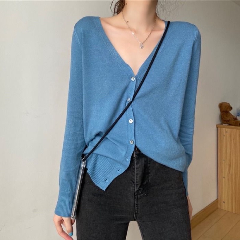 Áo khoác cardigan thun len nữ tay dài 7 cúc cổ tim