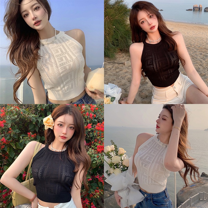 Áo Croptop Dệt Kim Màu Sắc Trơn Thiết Kế Đục Lỗ Phong Cách Hàn Quốc Cho Nữ