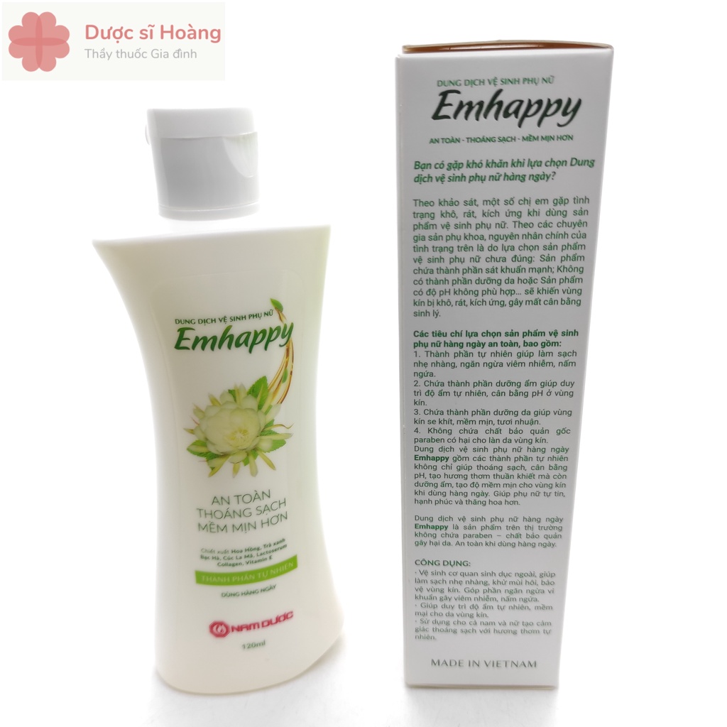 Dung Dịch Vệ Sinh Phụ Nữ EMHAPPY - An Toàn, Thoáng Sạch, Mềm Mịn- Nam Dược - Hộp 120ml