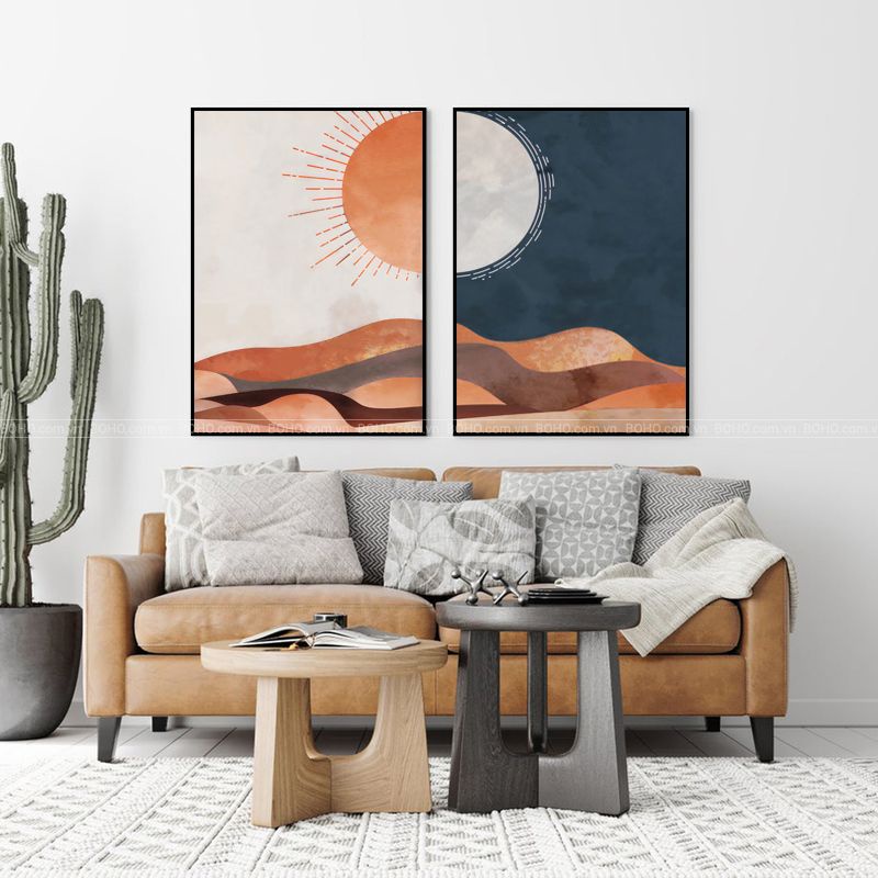 Bộ 2 Tranh Treo Tường Vải Canvas Boho Minimalism Tối Giản Chữa Lành Ngày Và Đêm Mặt Trời và Mặt Trăng Sa Mạc -MELYHOME