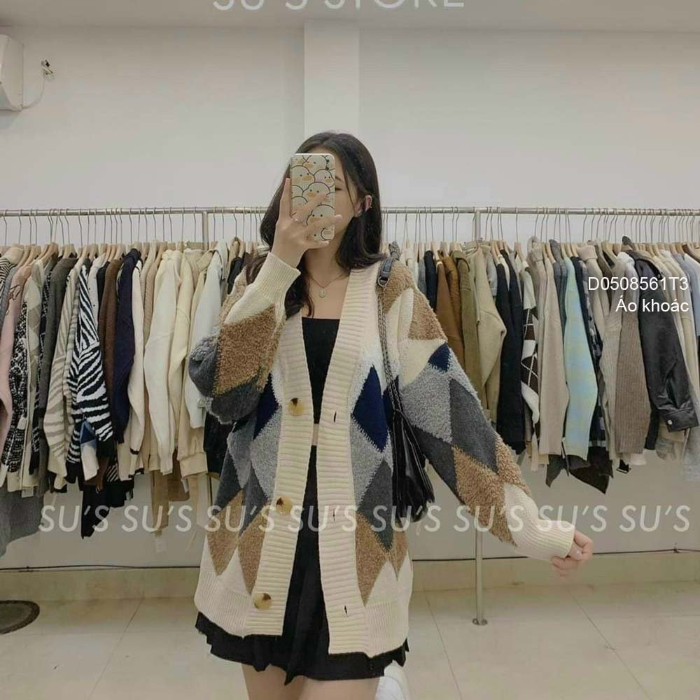 Áo khoác len cardigan phối họa tiết trám gài nút form rộng tay dài hàng QC!