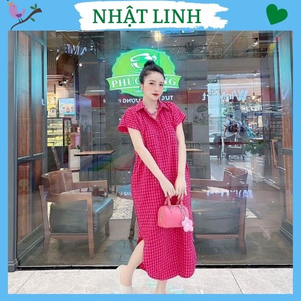 Váy sơ mi nữ dáng dài NHẬT LINH đầm suông nữ kẻ caro hồng sang chảnh hottrend xinh xắn - V151