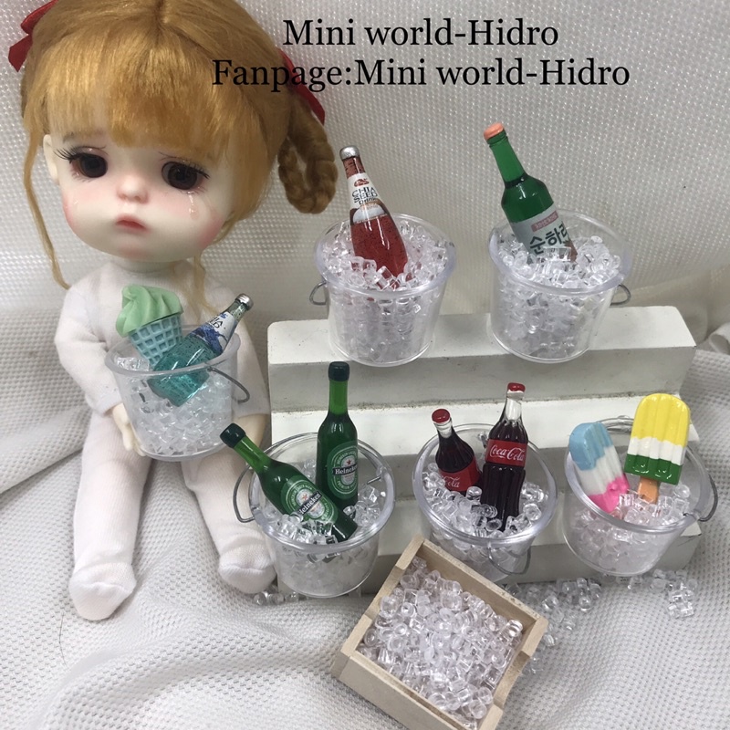 set mô hình chai nước ướp trong thùng đá vụn mini dùng làm vật liệu trang trí nhà búp bê BJD tỉ lệ 1/12, 1/8