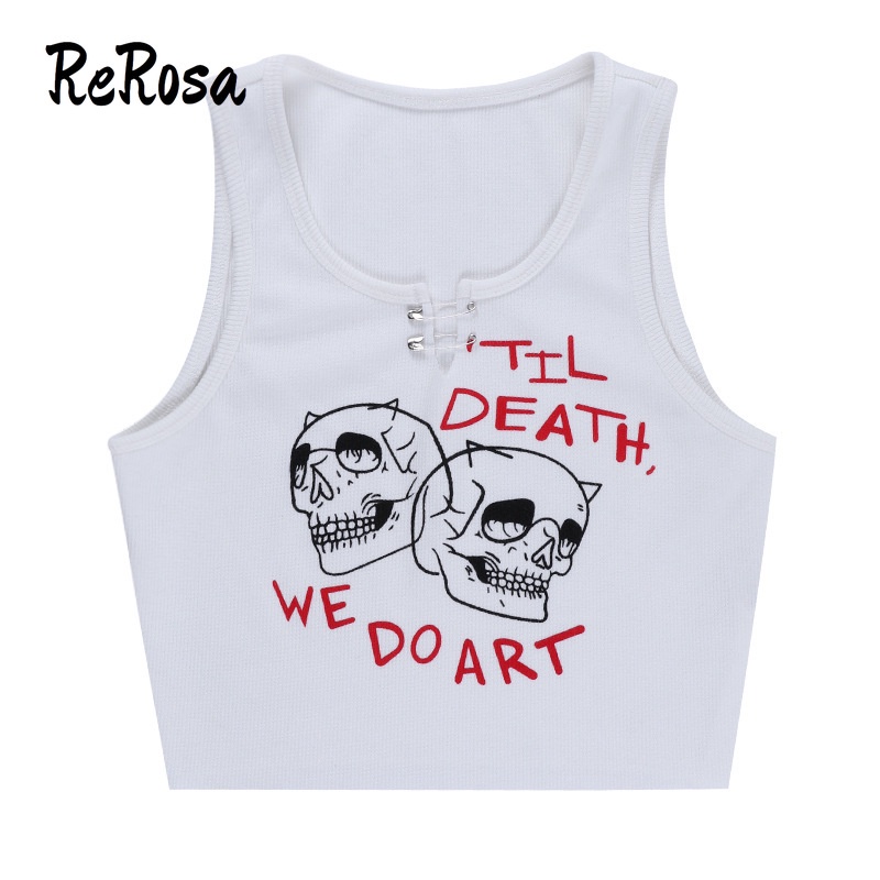 Rerosa Áo Croptop Cổ Chữ V In Họa Tiết Đầu Lâu Có Kẹp Giấy Thời Trang Quyến Rũ Cho Nữ