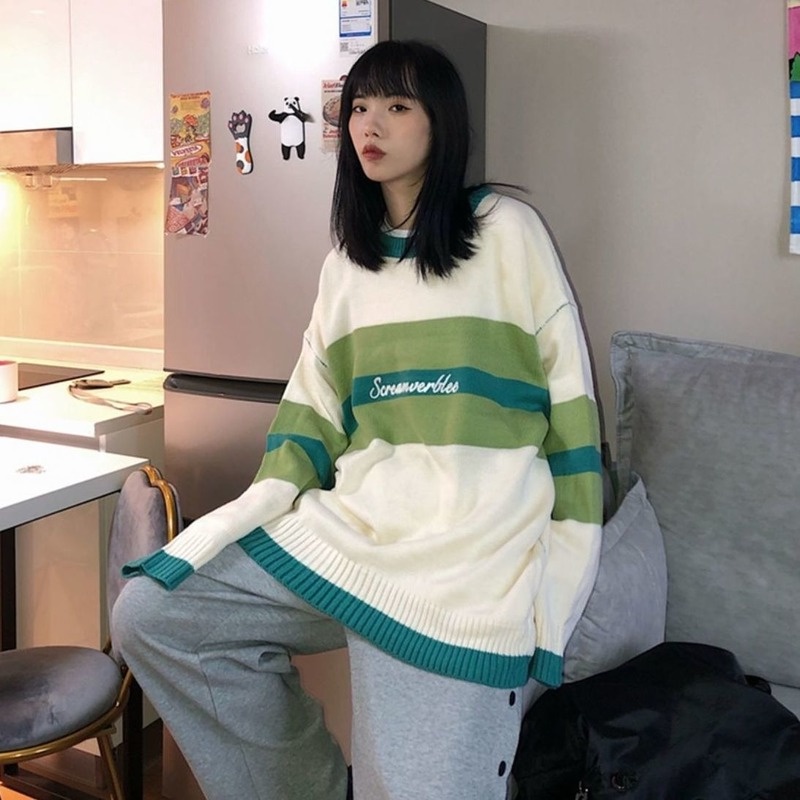 Áo sweater dệt kim mặc chui đầu cổ tròn dáng rộng phối màu kiểu Hàn Quốc thời trang thu đông