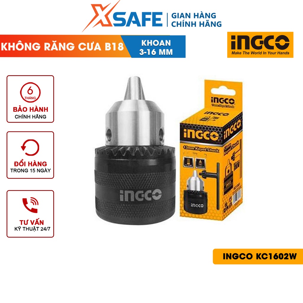 Đầu khoan không răng INGCO KC1602W 16mm 3-16mm, không răng cưa B18, kèm 1 khóa vặn 80mm