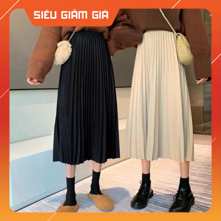 CHÂN VÁY XẾP LI MIDI MÀU BE MÀU ĐEN ULZZANG HOT - (Sp sẵn) [ Cực chất ]