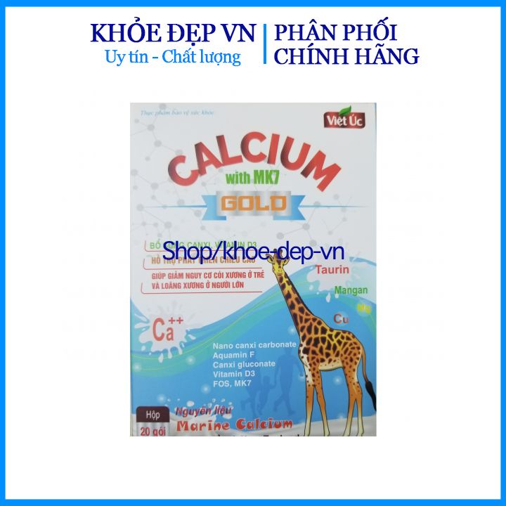 Canxi sữa Calcium with Mk7 Gold tăng chiều cao, chắc khỏe xương cho bé giúp bé ăn ngon ngủ ngon – Hộp 20 gói