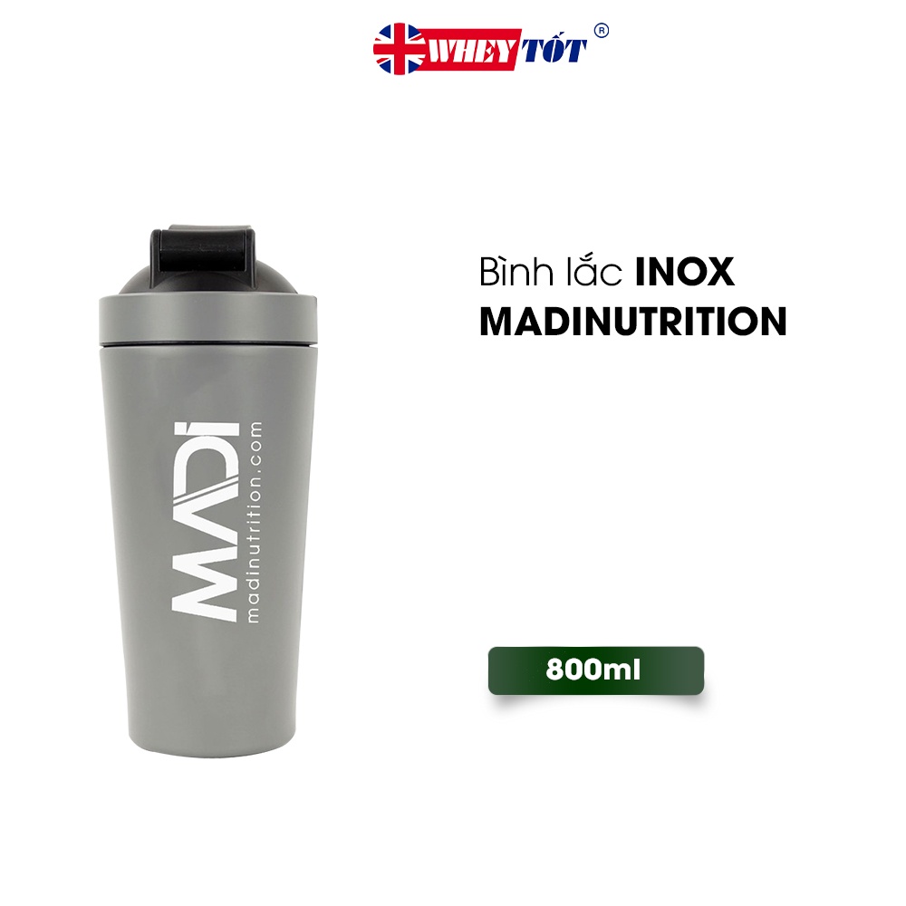 BÌNH LẮC TẬP GYM | MADI 800ML BÌNH KIM LOẠI KHÔNG GIỮ NHIỆT, CÓ LƯỚI ĐÁNH BỘT