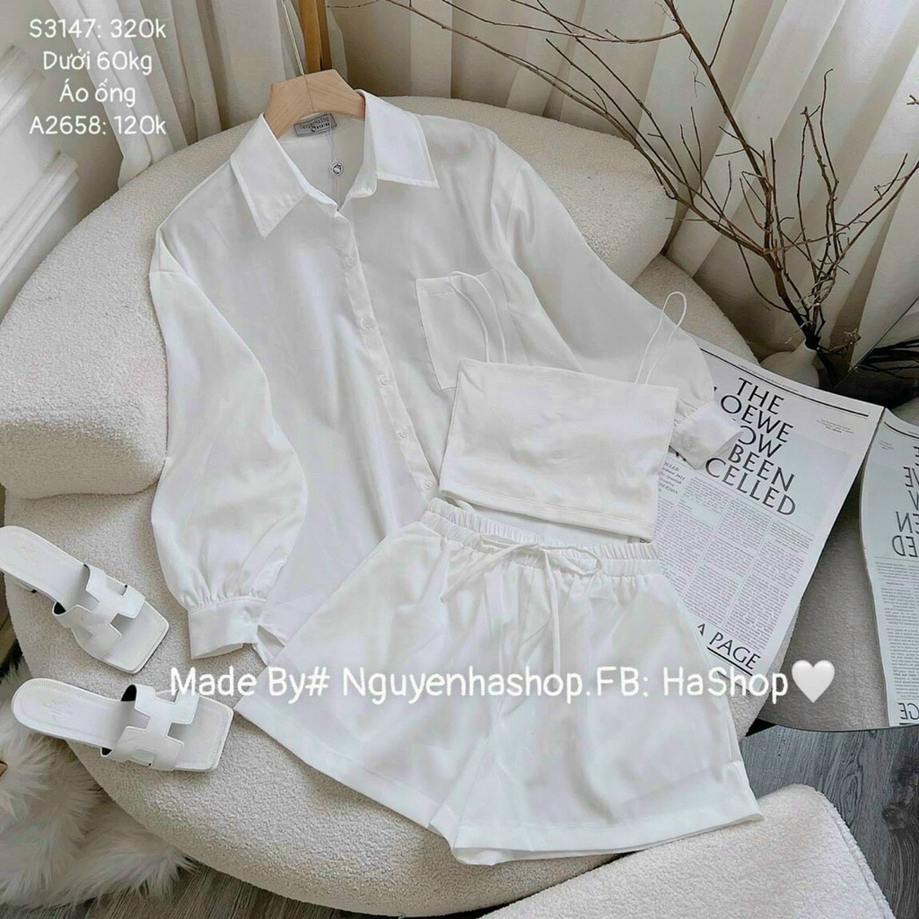 Set bộ đồ nữ sang chảnh cá tính, bộ đồ nữ đẹp đi chơi với set 3 món áo sơ mi form rộng kèm quần đùi phối áo ống 2 dây