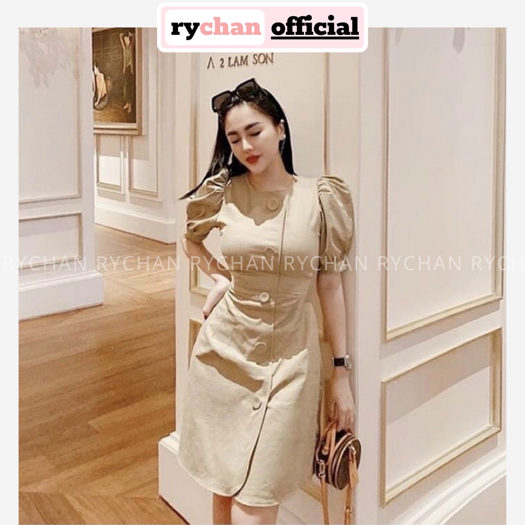 Đầm Váy Nữ Dự Tiệc Cưới Cổ Tròn Nút Dẹt Tay Bồng Ngắn Form Ngắn Sang Chảnh Màu Kem - DX9767