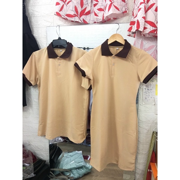 - Áo váy thun đôi, set đồ đôi nude vàng suông body cổ nâu - Đồ đôi nam nữ Forever Couple Store