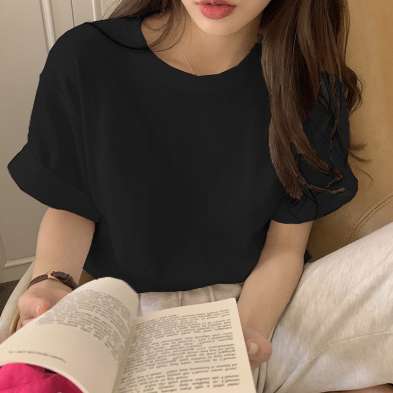 Áo Thun Cổ Tròn Tay Ngắn Dạng Cuộn Màu Sắc Kẹo Ngọt Đơn Giản Dành Cho Nữ