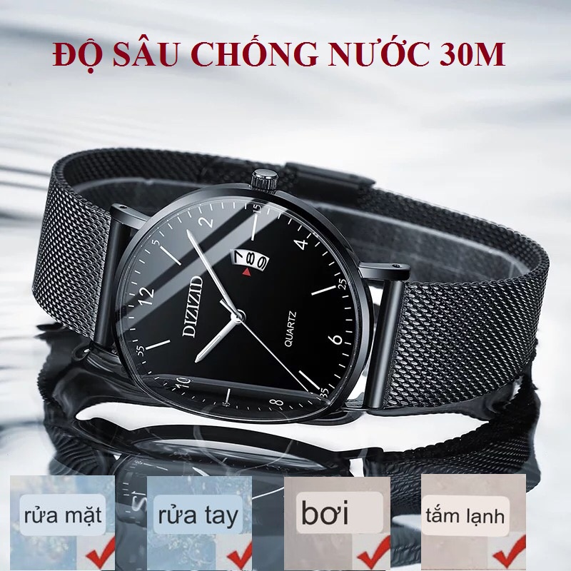 Đồng hồ nam cao cấp DIZIZID, chống nước sâu 30m dây thép lụa đen mặt mỏng chạy lịch ngày tiện lợi, Thiết kế lịch lãm DZ3