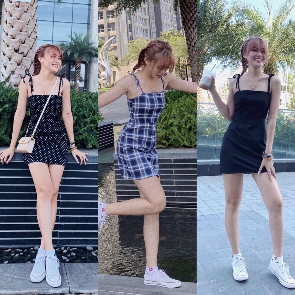 ĐẦM HAI DÂY 2S CỘT NƠ - FORM ÔM BODY SIÊU CHUẨN [ Hình trải sàn ảnh chụp thật ]