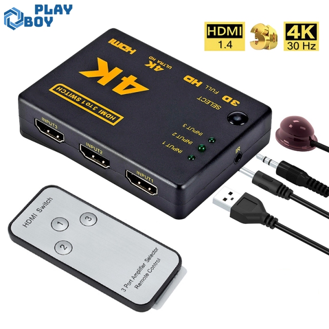 3 Port HDMI Splitter Switcher 3 In 1 Out Hub Box +Remote Auto Switch 1080P HD