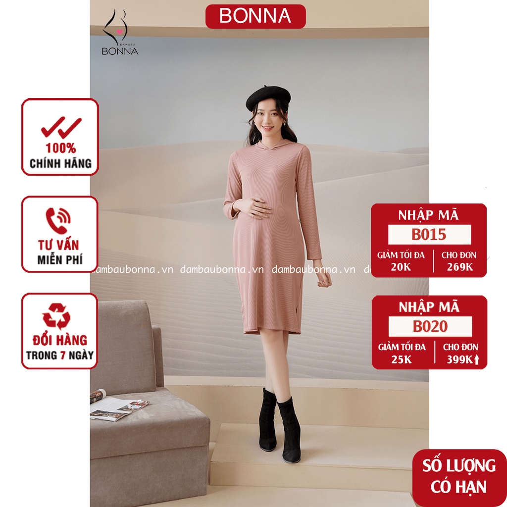 Váy bầu suông đẹp Bonna chất len lăm co giãn 4 chiều thoáng mát, mềm mịn, có phối mũ trẻ trung, cá tính VS070
