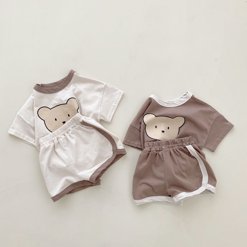 Korean Style Baby Children's Clothing Cartoon Bear Casual Short Sleeve Suit Summer Baby Cotton Cute Comfortable T-shirt Shorts uSik