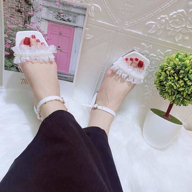[Xả kho sll] Giày sandal nữ cao gót 4p quai ren hàng ngọc da mềm dễ đi cực xinh