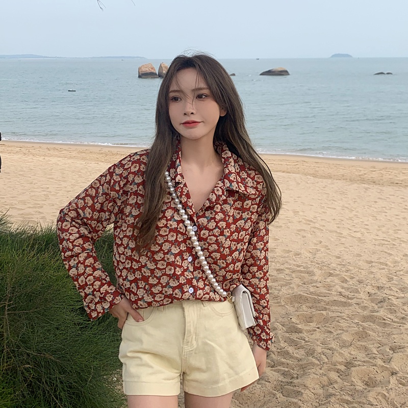 SUXI Áo Sơ Mi Hoa Tay Dài Dáng Rộng Thiết Kế Mới Thời Trang Mùa Thu Theo Phong Cách Pháp Cho Nữ
