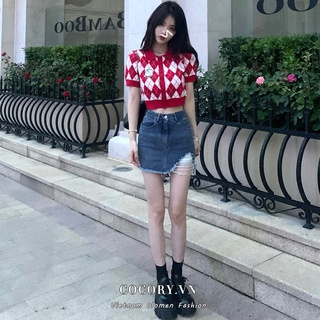 CocorygirlÁo Croptop Dệt Kim Ngắn Tay Đính Đá Thiết Kế Thời Trang Cho Nữ