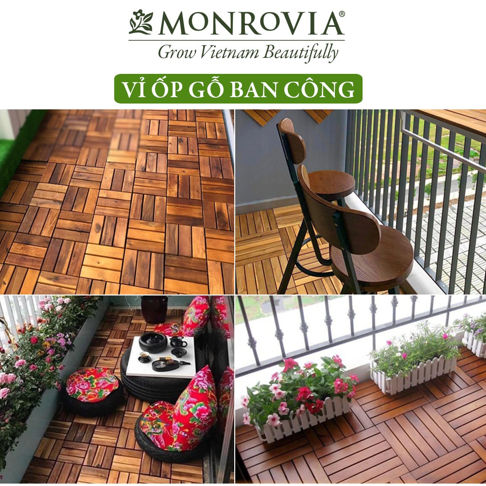 Combo 9 Vỉ gỗ lót sàn MONROVIA cho ban công, ngoài trời, sân vườn, siêu bền, chịu nước, chất lượng tiêu chuẩn Châu Âu