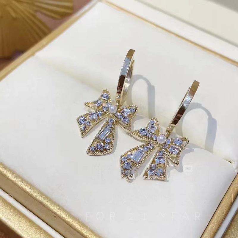 Bông Tai Hình Nơ Đính Ngọc Trai Kim Cương Giả Lấp Lánh Thời Trang Dành Cho Nữ F571