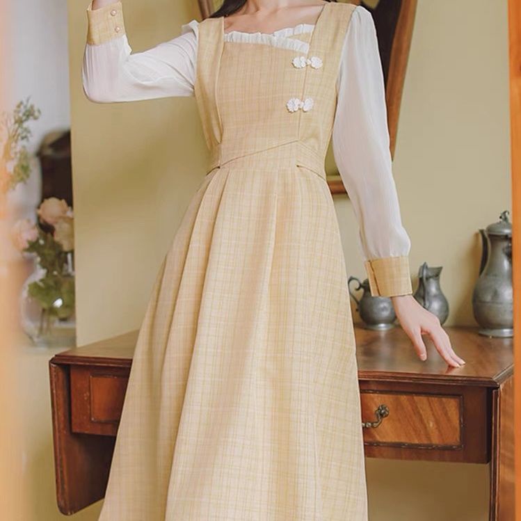 Đầm Dài Họa Tiết Kẻ Ô Cổ Điển Mới Cho Nữ Jllyq-32