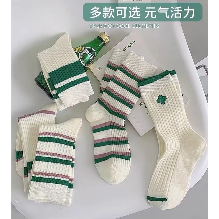 Vớ Cổ Trung Họa Tiết Kẻ Sọc Màu Xanh Lá Phong Cách Hàn Quốc Thời Trang Cho Nữ