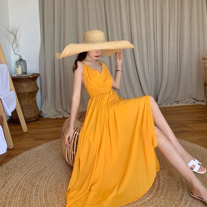 IELGYĐầm Voan Hai Dây Dài Màu Trơn Thời Trang Dành Cho Nữ